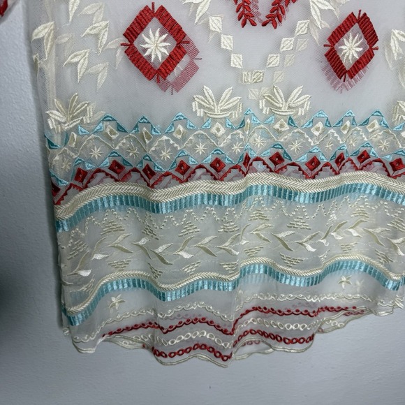 Sundance Sheer Embroidered Short Sleeve Boho Top Women's Medium Aztec Red Blue - Picture 6 of 10